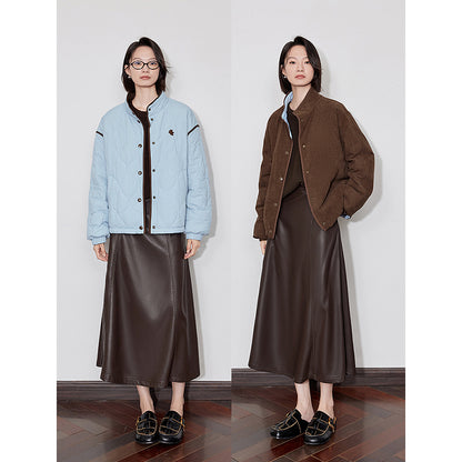 Elegant Women's Winter Coat, Thick Cotton Long Sleeve Outwear, Contrast Color Splicing Lapel Collar Jacket