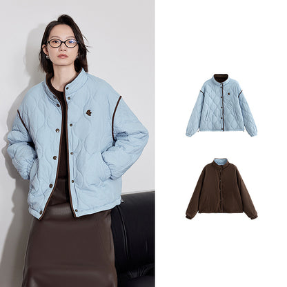 Elegant Women's Winter Coat, Thick Cotton Long Sleeve Outwear, Contrast Color Splicing Lapel Collar Jacket