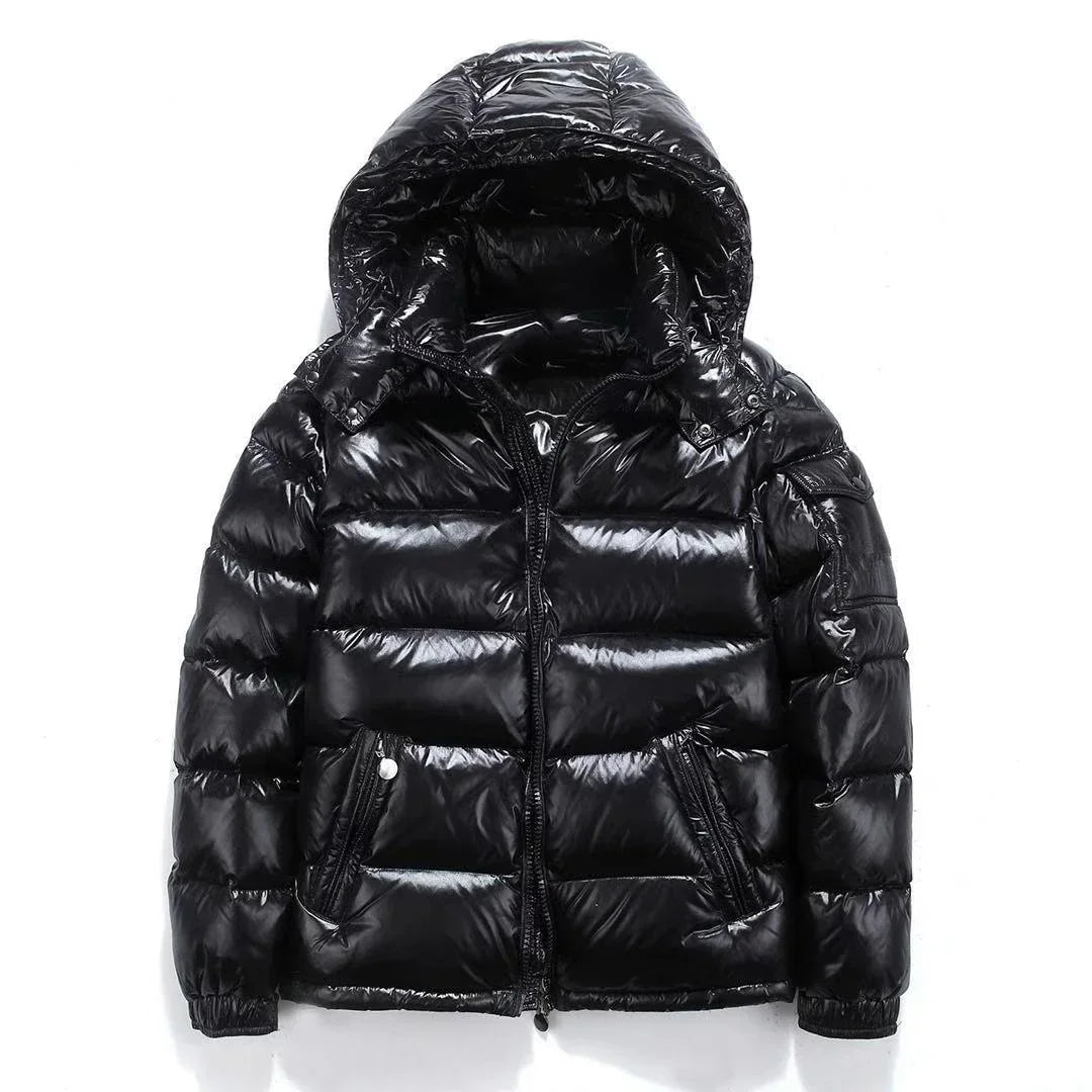 Mens Winter Parka Coat, Thicken Glossy Black Jacket, Fashion Solid Color Warm Parkas for Men