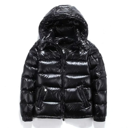 Mens Winter Parka Coat, Thicken Glossy Black Jacket, Fashion Solid Color Warm Parkas for Men