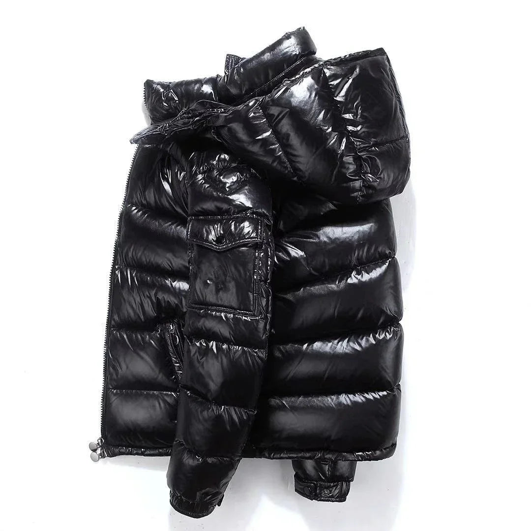 Mens Winter Parka Coat, Thicken Glossy Black Jacket, Fashion Solid Color Warm Parkas for Men