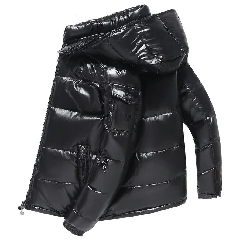Mens Winter Parka Coat, Thicken Glossy Black Jacket, Fashion Solid Color Warm Parkas for Men