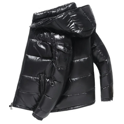 Mens Winter Parka Coat, Thicken Glossy Black Jacket, Fashion Solid Color Warm Parkas for Men