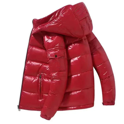 Mens Winter Parka Coat, Thicken Glossy Black Jacket, Fashion Solid Color Warm Parkas for Men