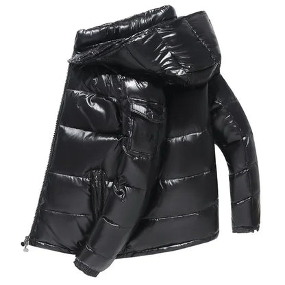 Mens Winter Parka Coat, Thicken Glossy Black Jacket, Fashion Solid Color Warm Parkas for Men