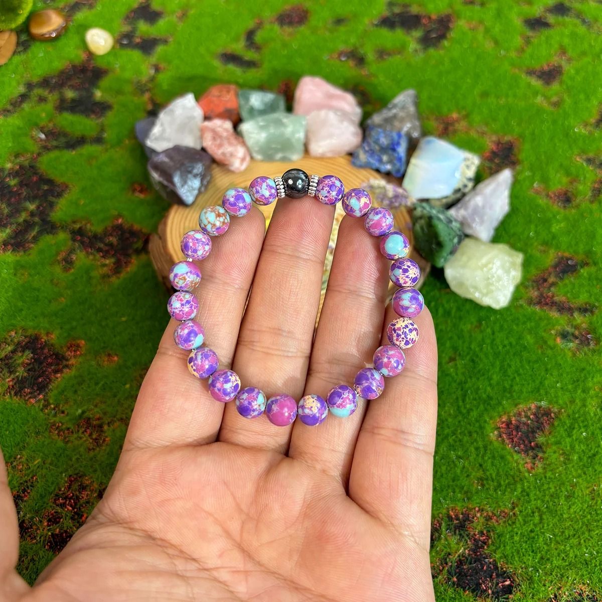 Bohemian Purple Stone Beaded Stretch Bracelet for Men & Women