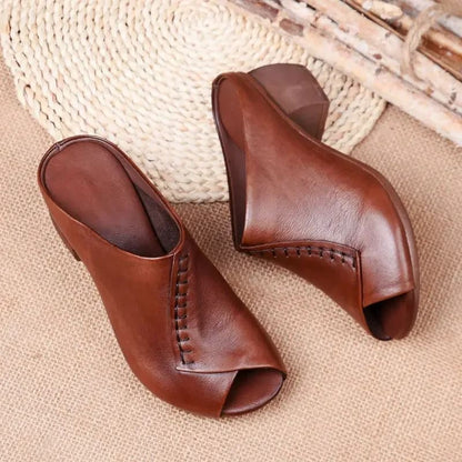 Women Thick Heeled Soft Leather Fish Mouth Slippers Mid Heel Sandals