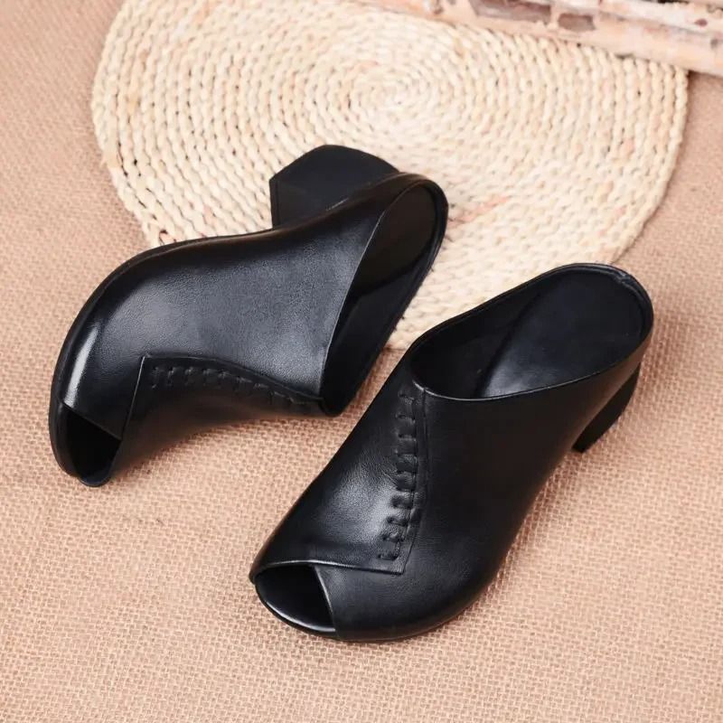 Women Thick Heeled Soft Leather Fish Mouth Slippers Mid Heel Sandals