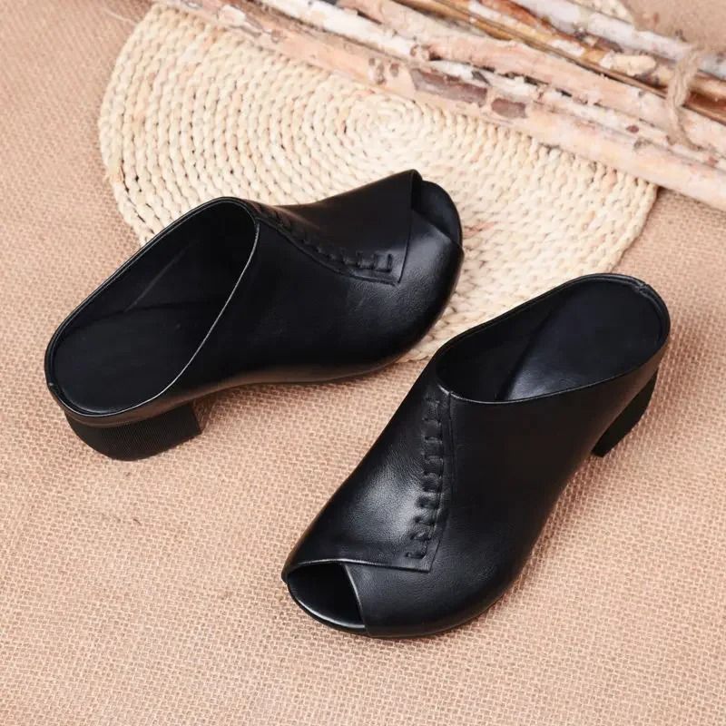 Women Thick Heeled Soft Leather Fish Mouth Slippers Mid Heel Sandals