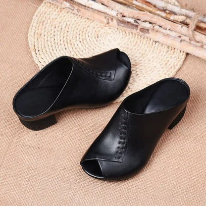 Women Thick Heeled Soft Leather Fish Mouth Slippers Mid Heel Sandals