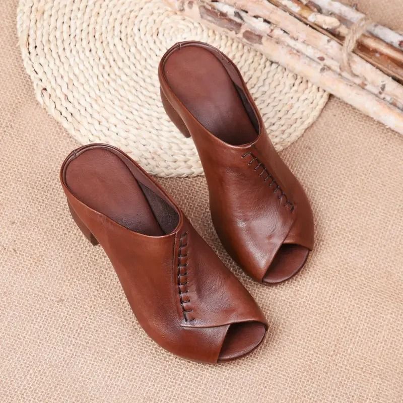 Women Thick Heeled Soft Leather Fish Mouth Slippers Mid Heel Sandals