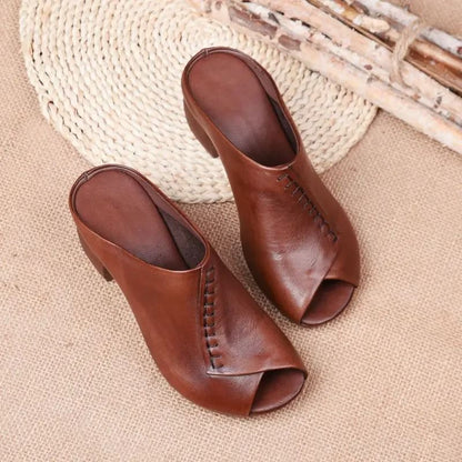Women Thick Heeled Soft Leather Fish Mouth Slippers Mid Heel Sandals