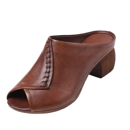 Women Thick Heeled Soft Leather Fish Mouth Slippers Mid Heel Sandals