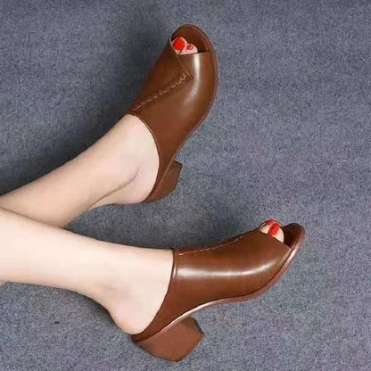 Women Thick Heeled Soft Leather Fish Mouth Slippers Mid Heel Sandals