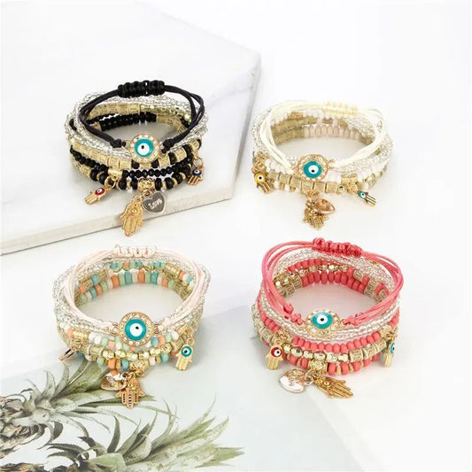 Bohemian Charm Bracelet Set with Heart and Beaded Details for Women