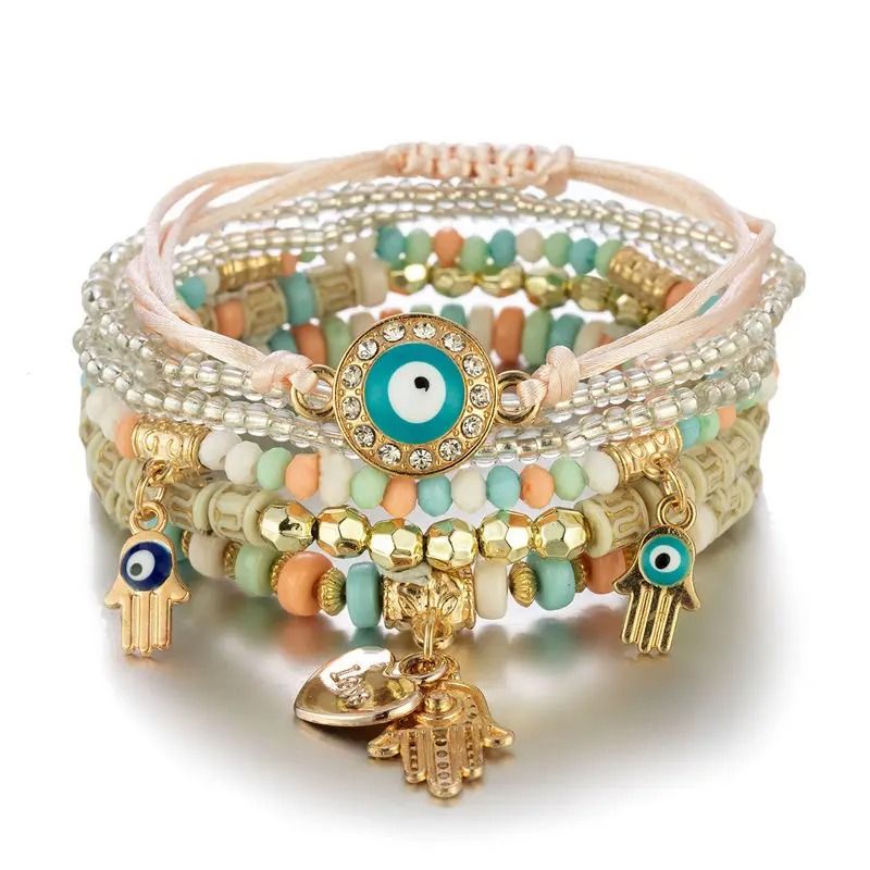 Bohemian Charm Bracelet Set with Heart and Beaded Details for Women