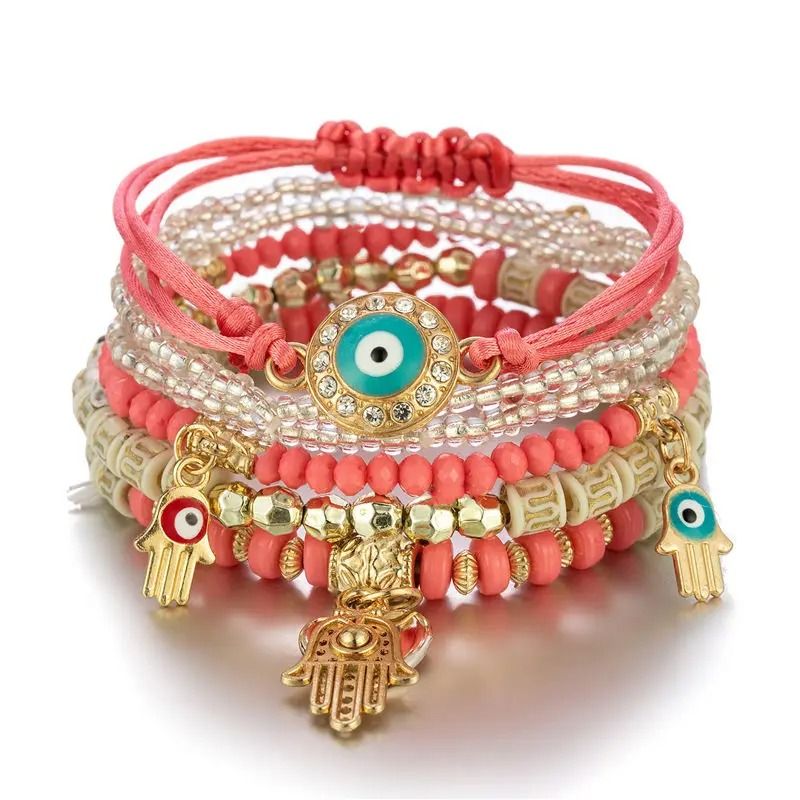 Bohemian Charm Bracelet Set with Heart and Beaded Details for Women