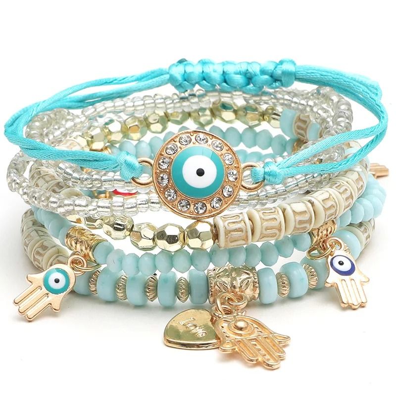 Bohemian Charm Bracelet Set with Heart and Beaded Details for Women