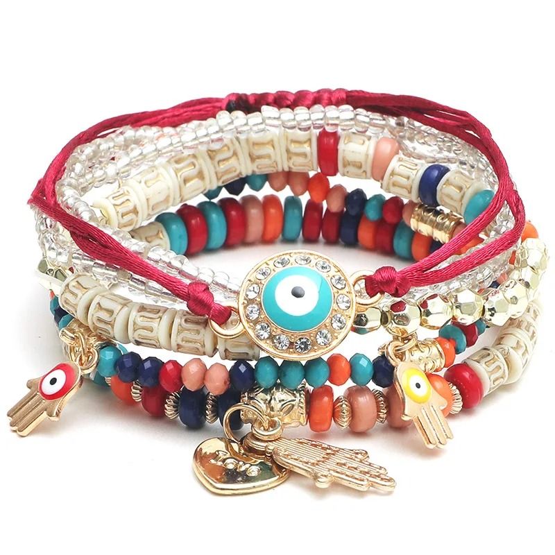 Bohemian Charm Bracelet Set with Heart and Beaded Details for Women