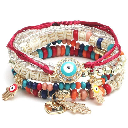 Bohemian Charm Bracelet Set with Heart and Beaded Details for Women