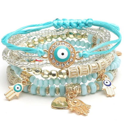 Bohemian Charm Bracelet Set with Heart and Beaded Details for Women