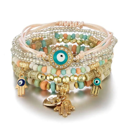 Bohemian Charm Bracelet Set with Heart and Beaded Details for Women