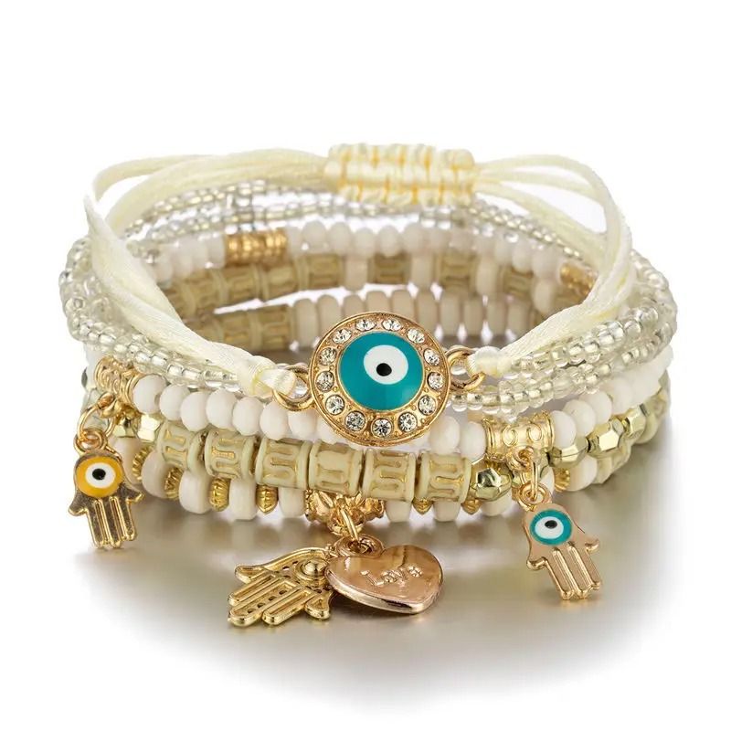 Bohemian Charm Bracelet Set with Heart and Beaded Details for Women