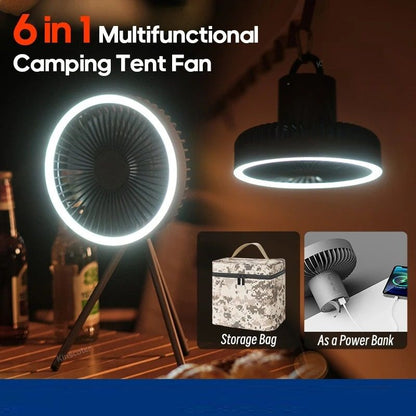 Portable Camping Fan with Power Bank LED Light and Tripod Stand