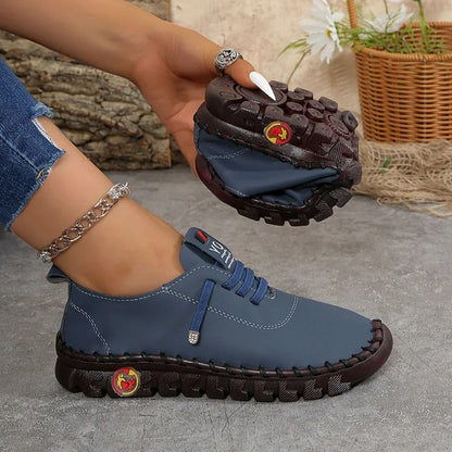 Women Casual Leather Lace Up Flat Sneakers Comfortable Spring Loafers