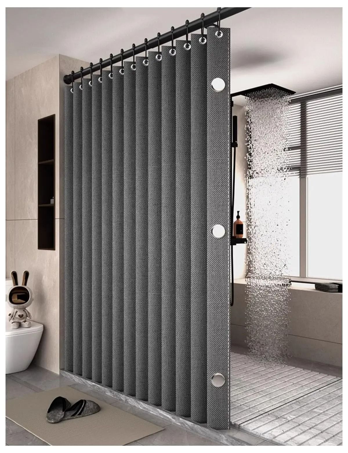 Waterproof Folding Linen Shower Curtain with Magnets for Walk In Bathroom