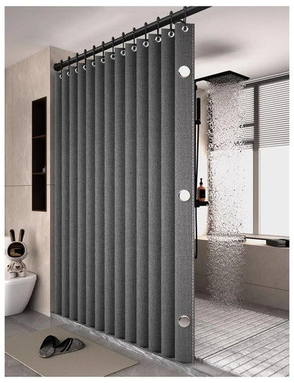 Waterproof Folding Linen Shower Curtain with Magnets for Walk In Bathroom