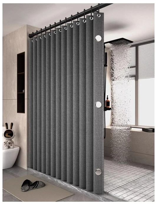 Waterproof Folding Linen Shower Curtain with Magnets for Walk In Bathroom