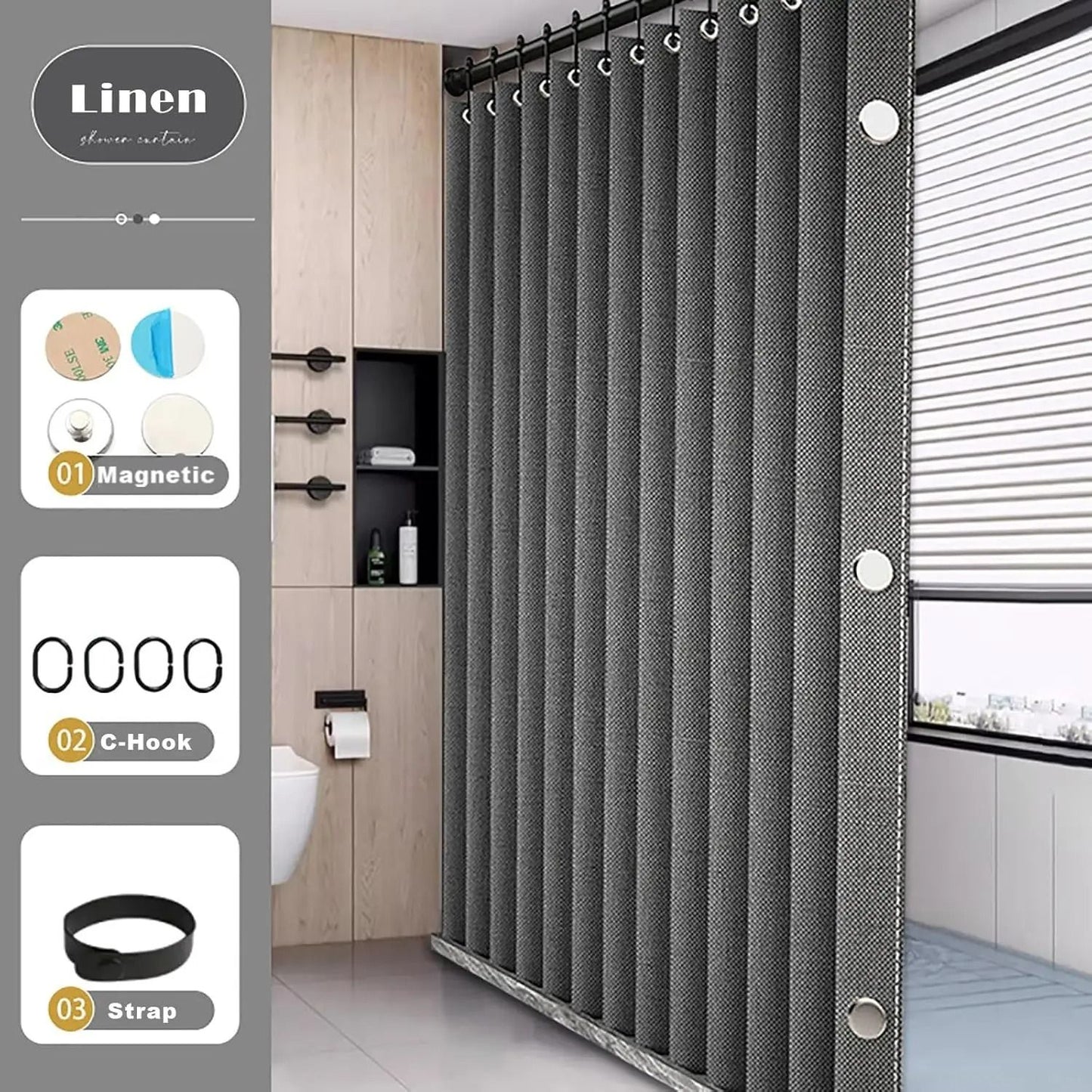 Waterproof Folding Linen Shower Curtain with Magnets for Walk In Bathroom