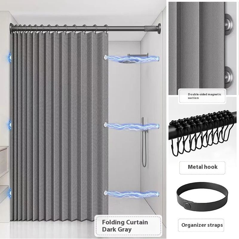 Waterproof Folding Linen Shower Curtain with Magnets for Walk In Bathroom