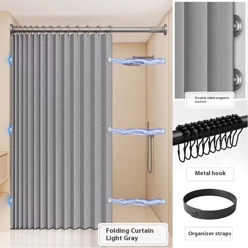 Waterproof Folding Linen Shower Curtain with Magnets for Walk In Bathroom