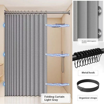 Waterproof Folding Linen Shower Curtain with Magnets for Walk In Bathroom