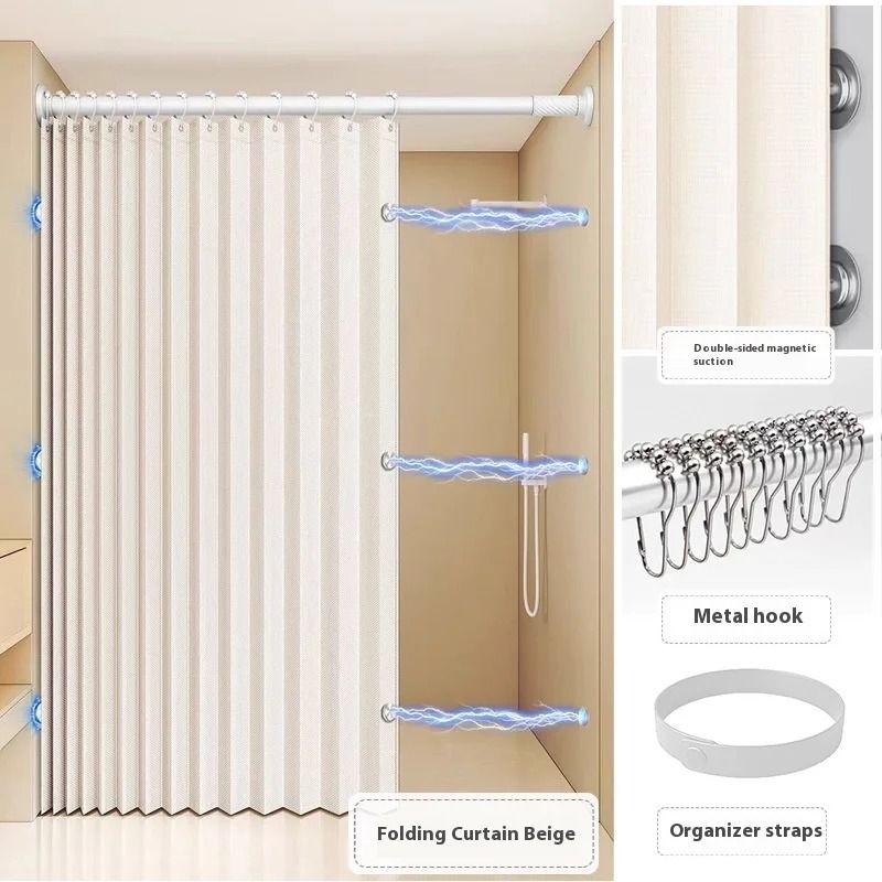 Waterproof Folding Linen Shower Curtain with Magnets for Walk In Bathroom