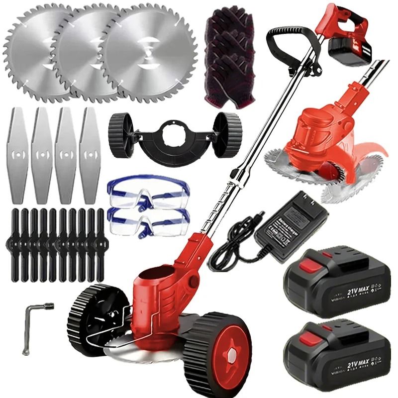 Cordless Lawn Trimmer and Weed Wacker with 2 Li Ion Batteries and 3 Blade Types