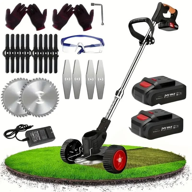 Cordless Lawn Trimmer and Weed Wacker with 2 Li Ion Batteries and 3 Blade Types