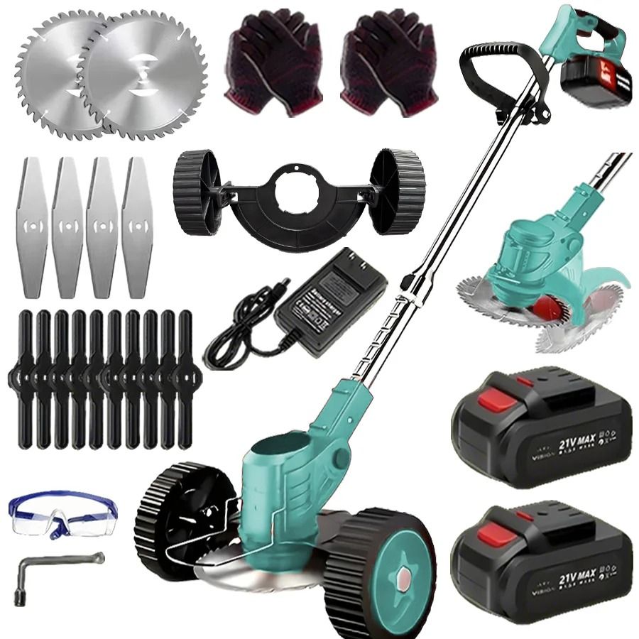 Cordless Lawn Trimmer and Weed Wacker with 2 Li Ion Batteries and 3 Blade Types