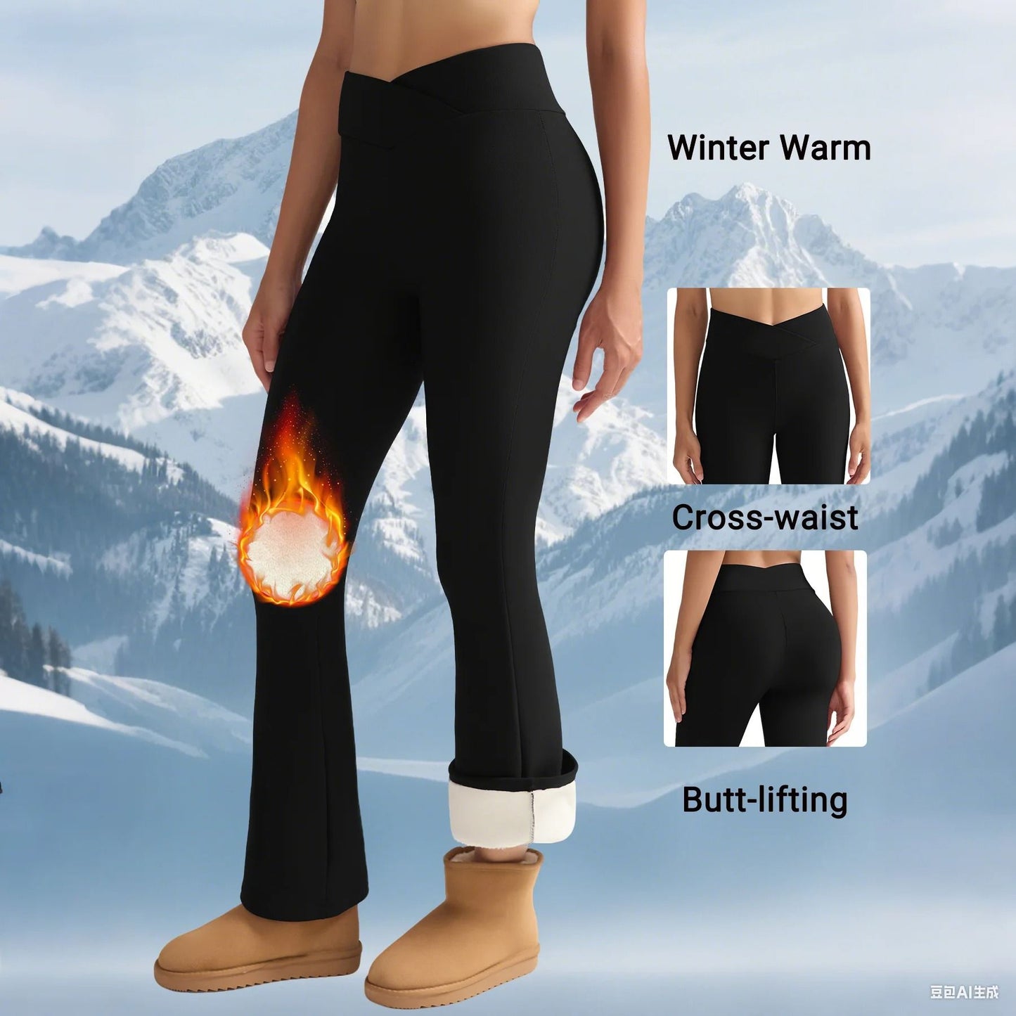 Women High Waist Thick Fleece Lined Flared Pants Winter Warm Leggings for Casual and Outdoor Wear