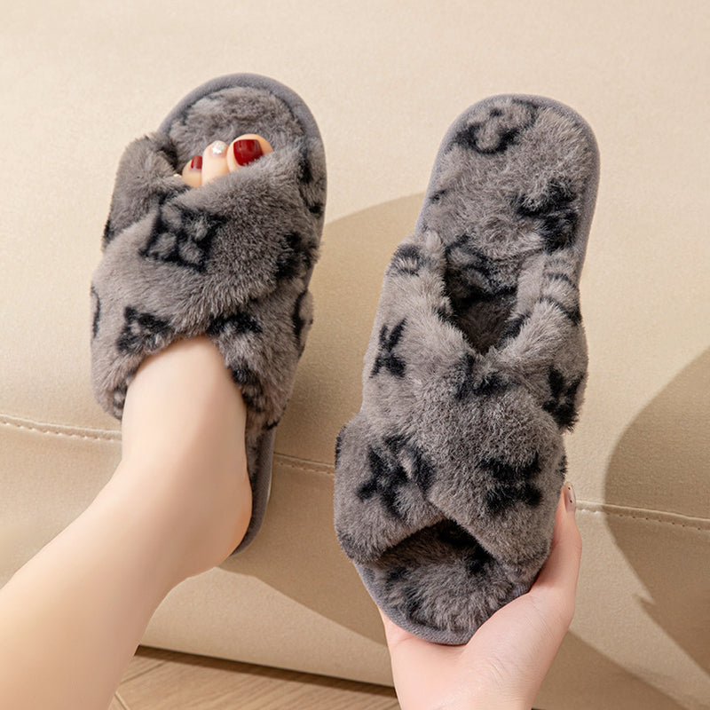 Luxury Fluffy Womens Slippers, Designer Fuzzy Fur Slides, Plush Flats for Autumn Winter Home Comfort