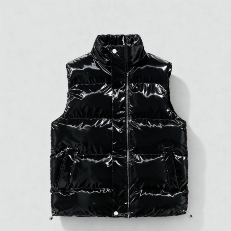 Versatile Unisex Puffer Vest, Shiny Surface, Warm Stand Collar, Loose Casual Fit for Autumn and Winter