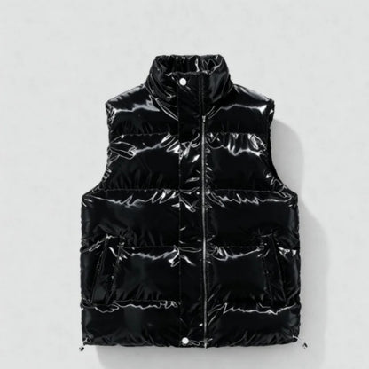 Versatile Unisex Puffer Vest, Shiny Surface, Warm Stand Collar, Loose Casual Fit for Autumn and Winter