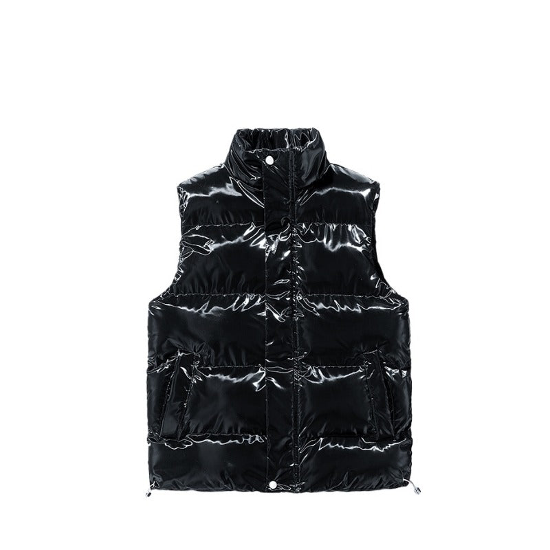 Versatile Unisex Puffer Vest, Shiny Surface, Warm Stand Collar, Loose Casual Fit for Autumn and Winter