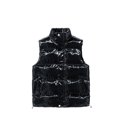 Versatile Unisex Puffer Vest, Shiny Surface, Warm Stand Collar, Loose Casual Fit for Autumn and Winter