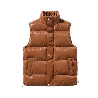 Versatile Unisex Puffer Vest, Shiny Surface, Warm Stand Collar, Loose Casual Fit for Autumn and Winter