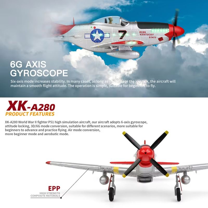 WLtoys XK A280 RC Airplane – 2.4G 4CH P51 Fighter with 3D/6G Flight Mode & LED Searchlight for Kids and Hobbyists