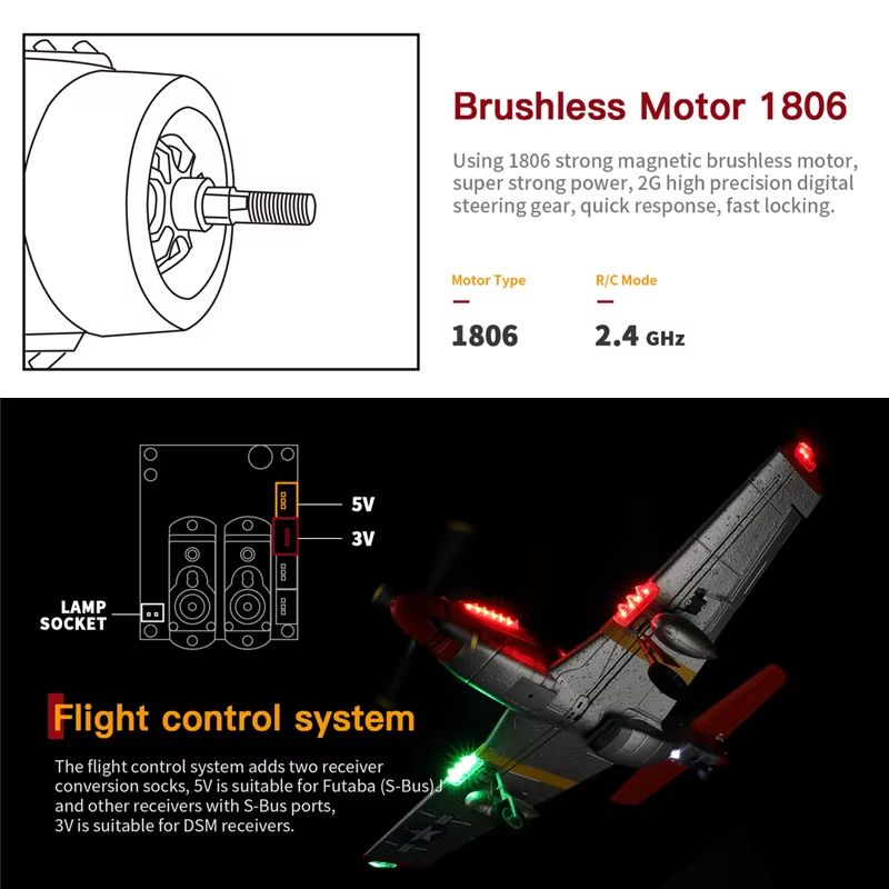 WLtoys XK A280 RC Airplane – 2.4G 4CH P51 Fighter with 3D/6G Flight Mode & LED Searchlight for Kids and Hobbyists