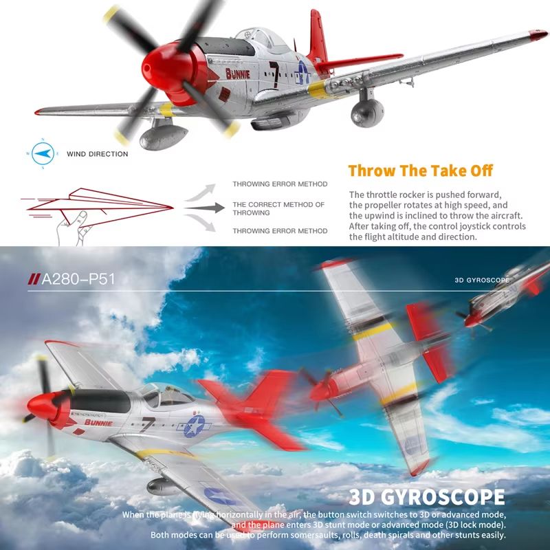 WLtoys XK A280 RC Airplane – 2.4G 4CH P51 Fighter with 3D/6G Flight Mode & LED Searchlight for Kids and Hobbyists
